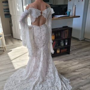 LACE MERMAID WEDDING DRESS WITH BELL SLEEVES DEEP PLUNGING NECKLINE